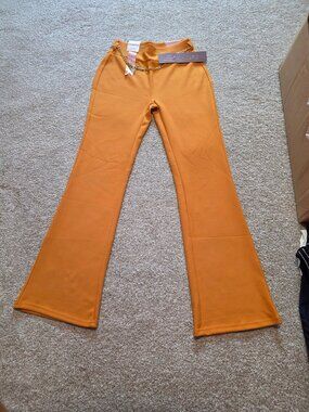 Indero Scuba Orange Flare Stretchy Pants Adj. Gold Chain Belt Size Small/Medium